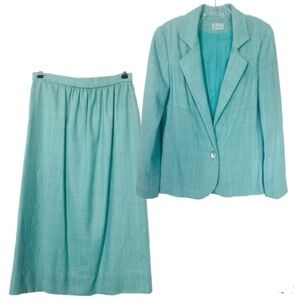 Vintage Coastal Chic Aqua Single-Breast Blazer Skirt Flub Knit Structure Classic